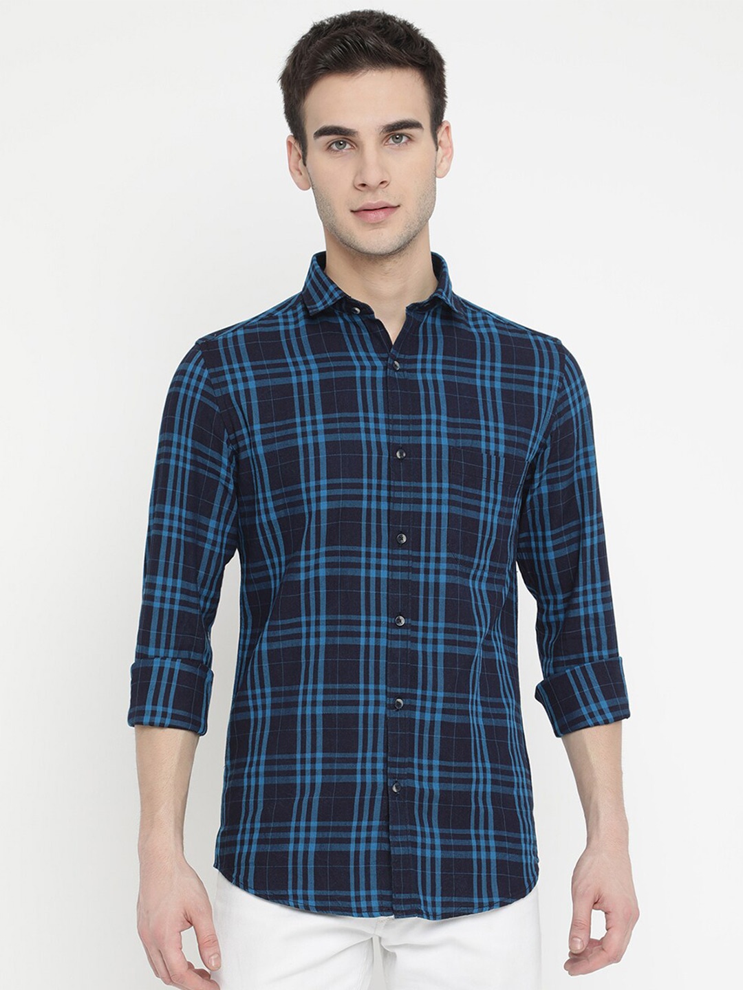 

V2 Value & Variety Men Navy Blue Tartan Checks Checked Formal Shirt