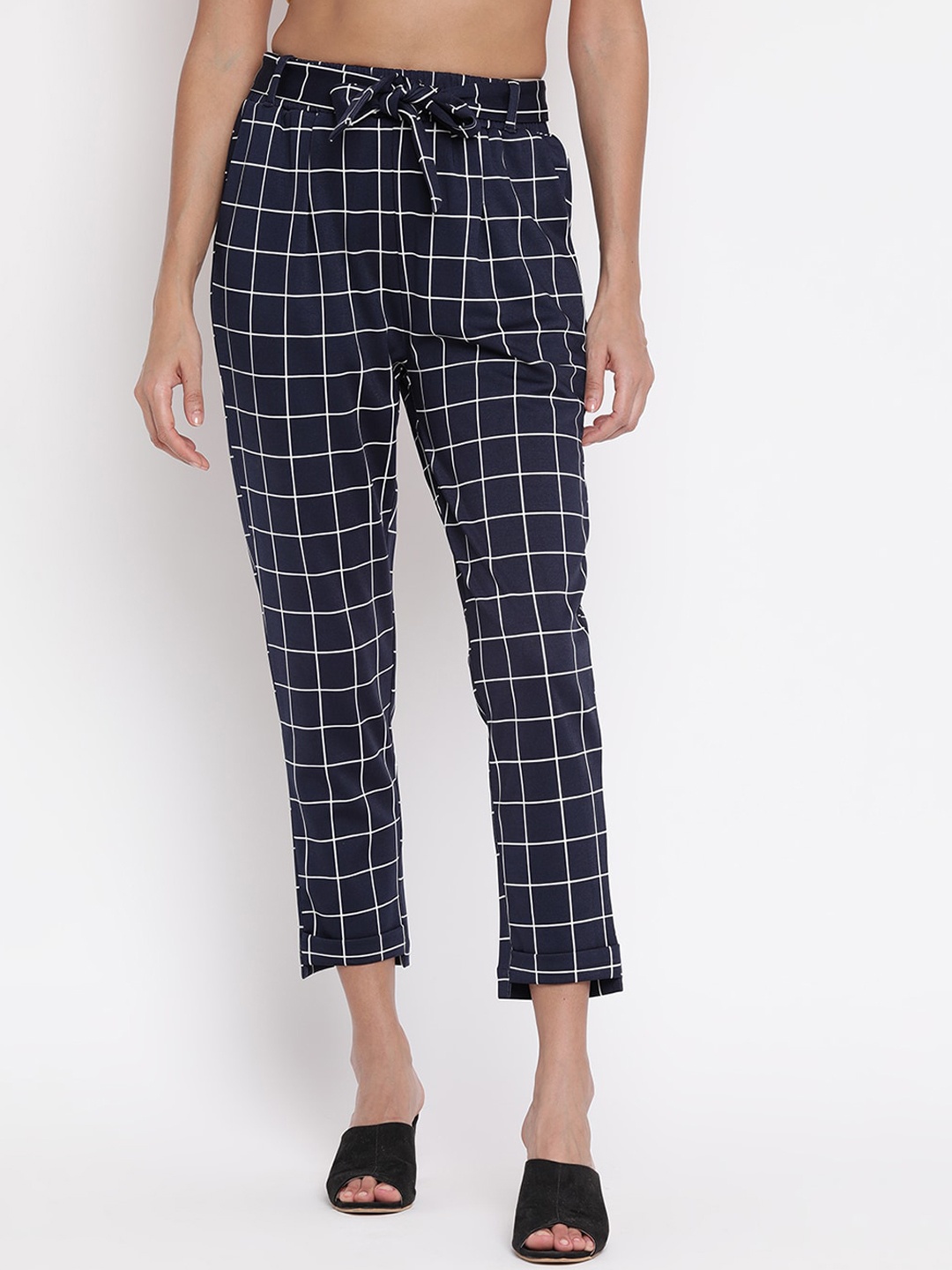 

V2 Value & Variety Women Navy Blue Checked High-Rise Cropped Trousers