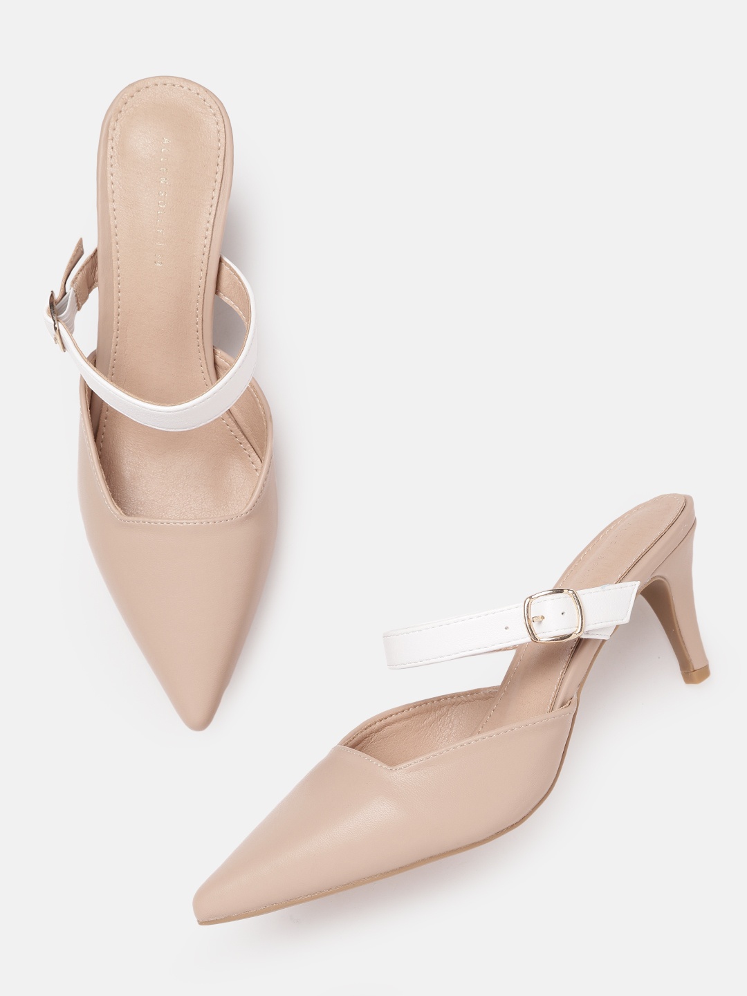 

Allen Solly Women Nude-Coloured & White Solid Heeled Mules with Buckle Detail