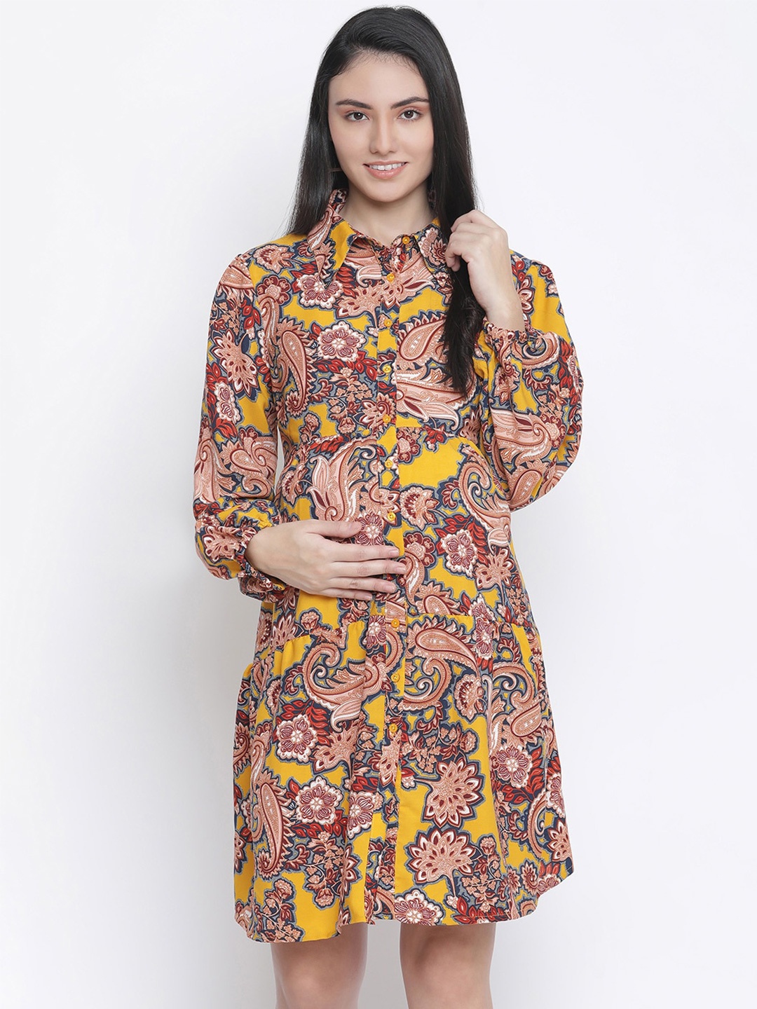 

Oxolloxo Women Yellow Floral Crepe Maternity Shirt Dress