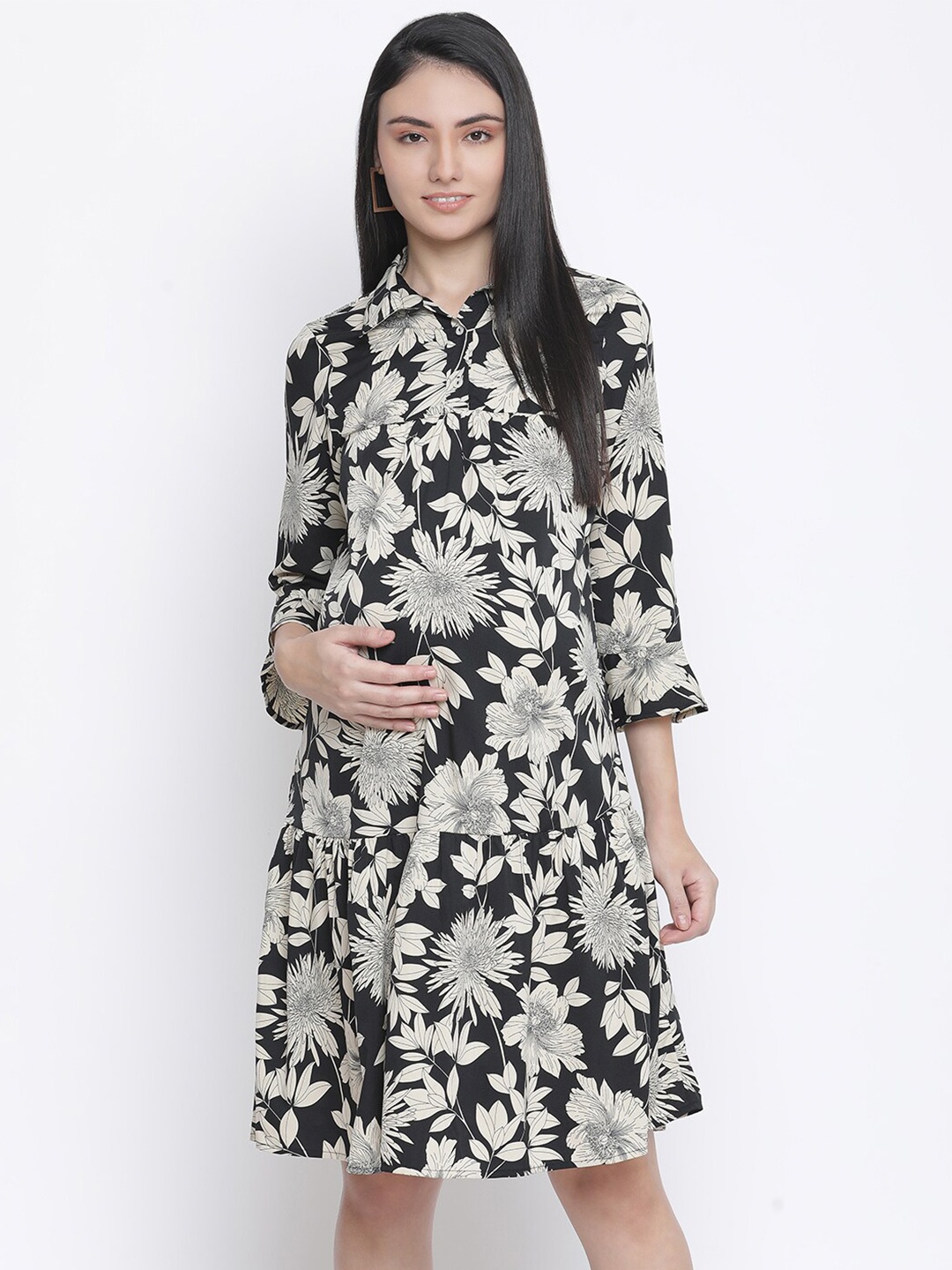 

Oxolloxo Black Floral Satin Floral Print Maternity Shirt Dress