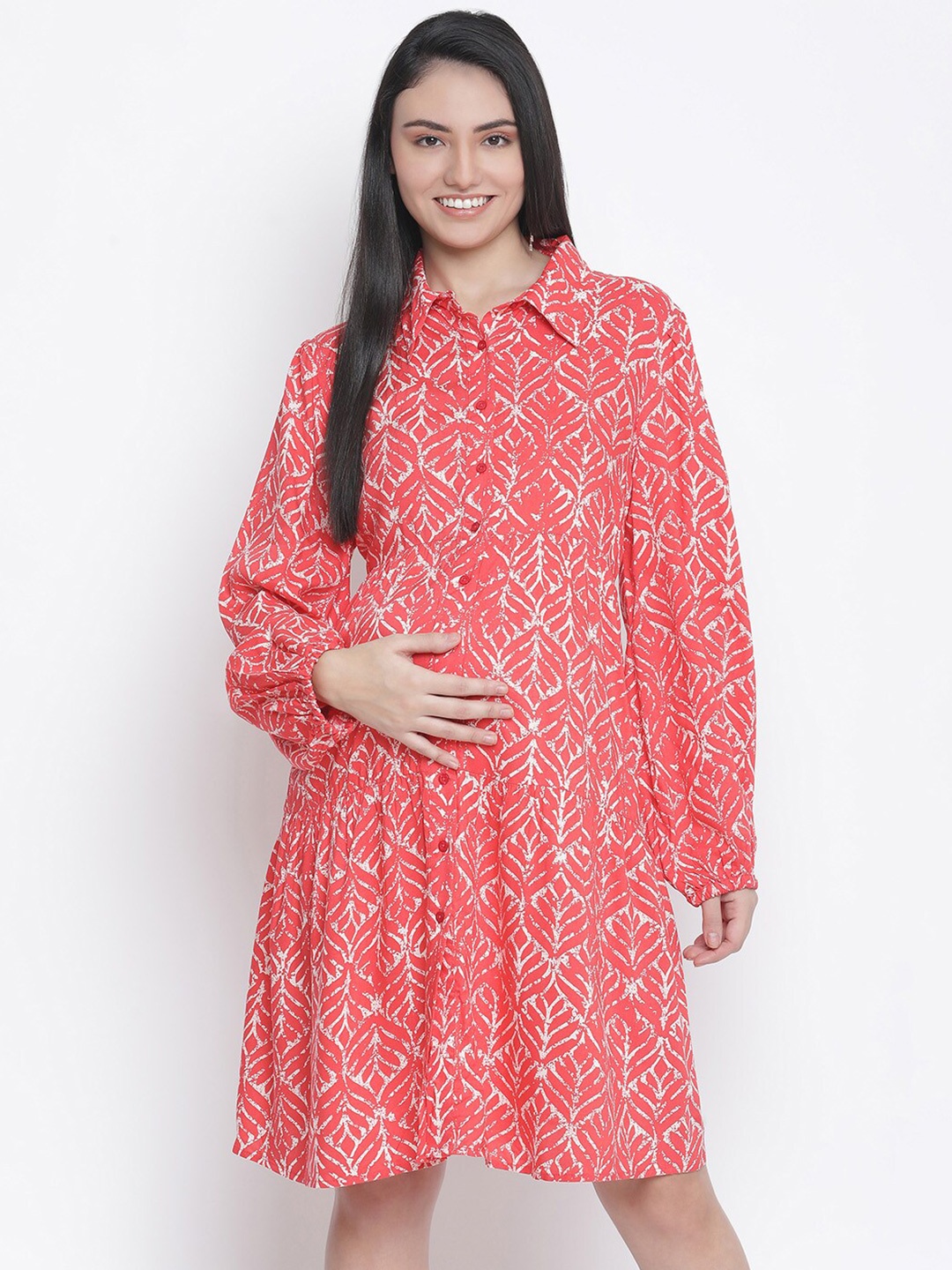 

Oxolloxo Red Floral Crepe Shirt Dress