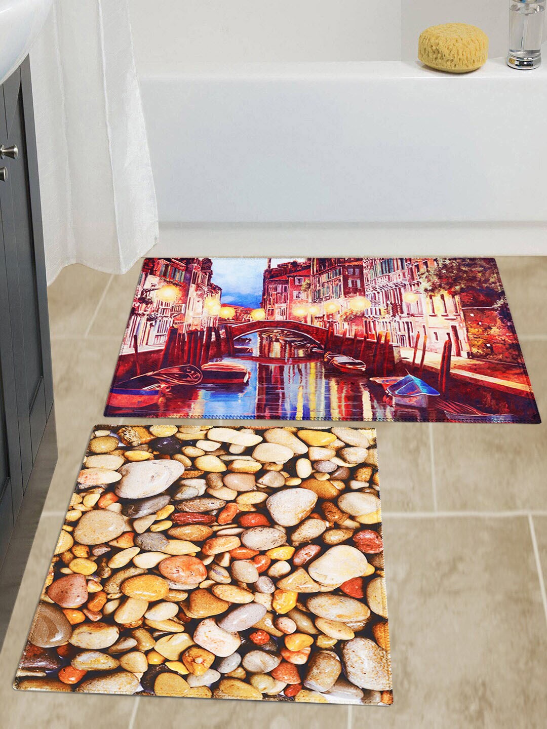 

Story@home Multicolored Velvet Finish Set of 2 Anti Skid Bath Mat, Multi