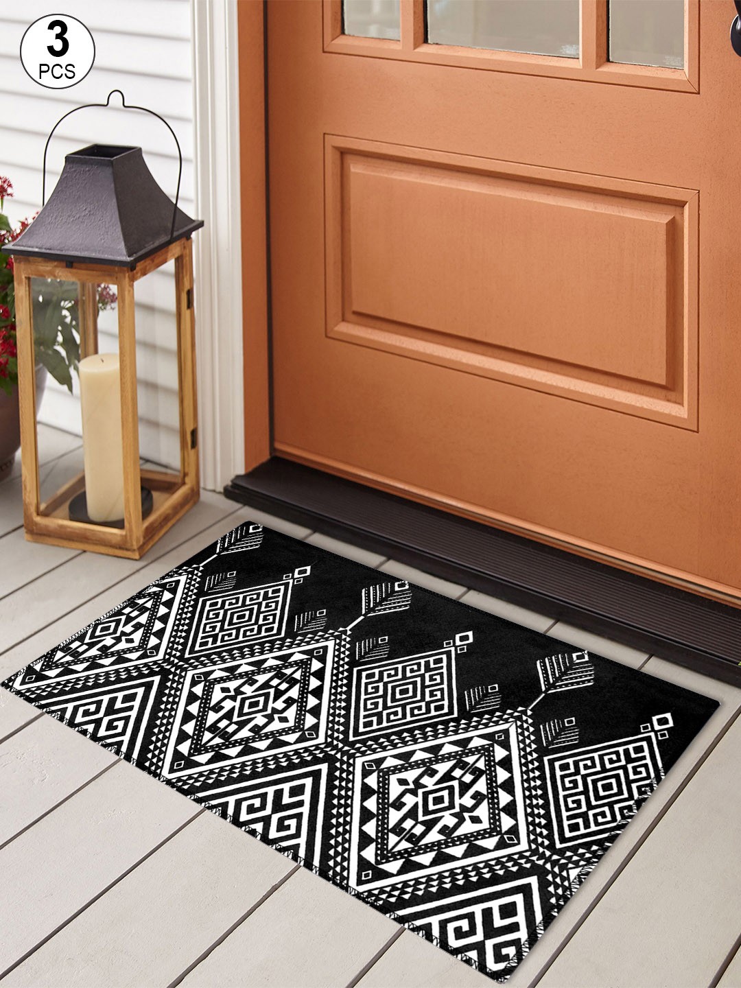 

Story@home Set Of 3 Black & White Velvet Finish Anti skid Doormats