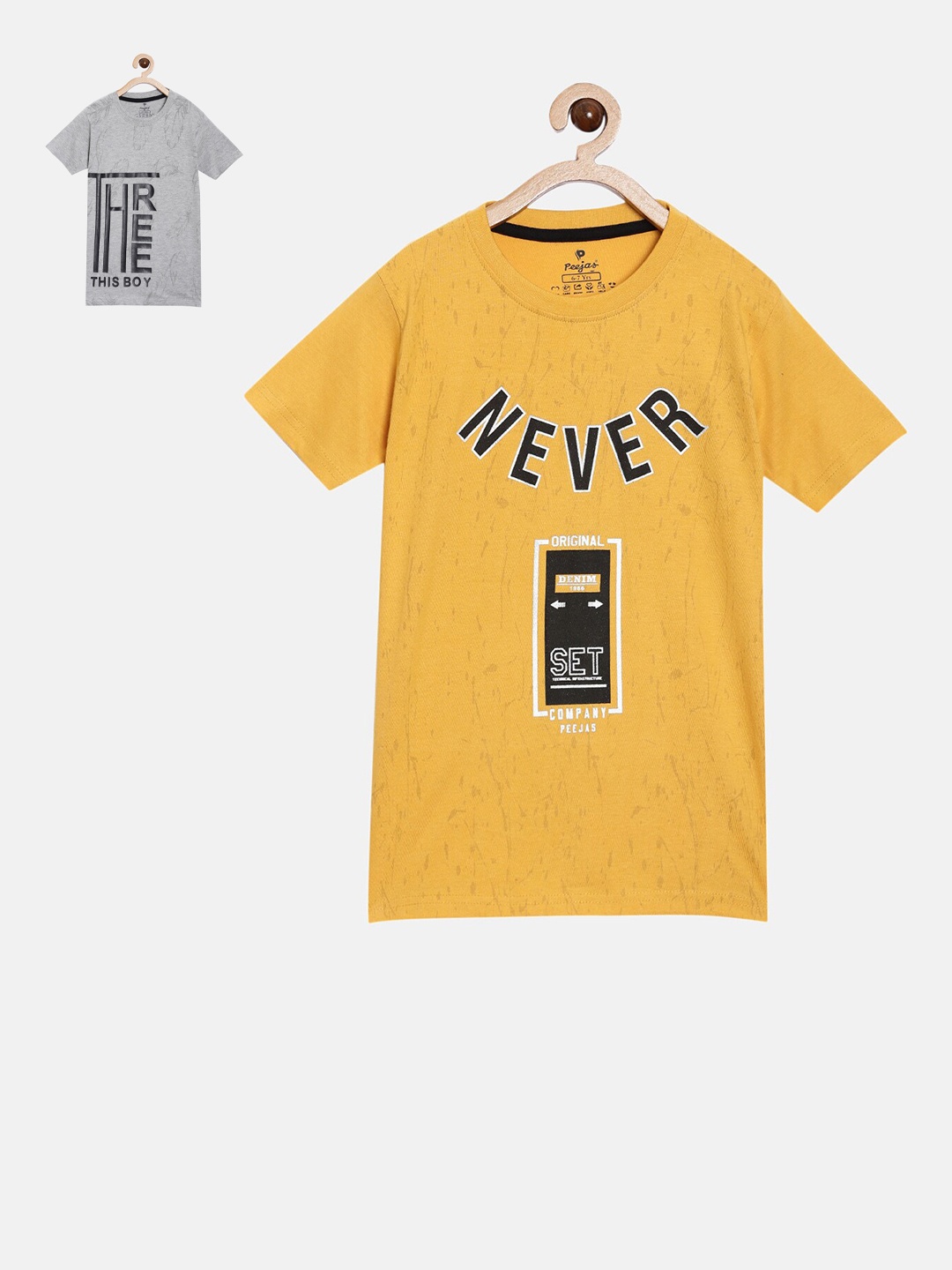 

Peejas Boys Pack of 2 Mustard Yellow & Grey Printed Pure Cotton T-shirt
