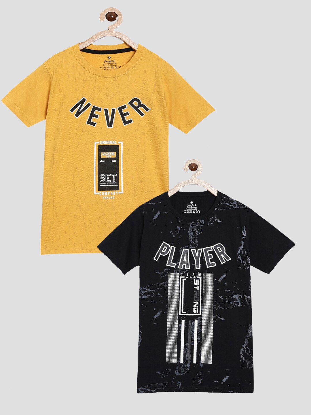 

Peejas Boys Pack of 2 Printed Pure Cotton Round Neck T-shirts, Mustard