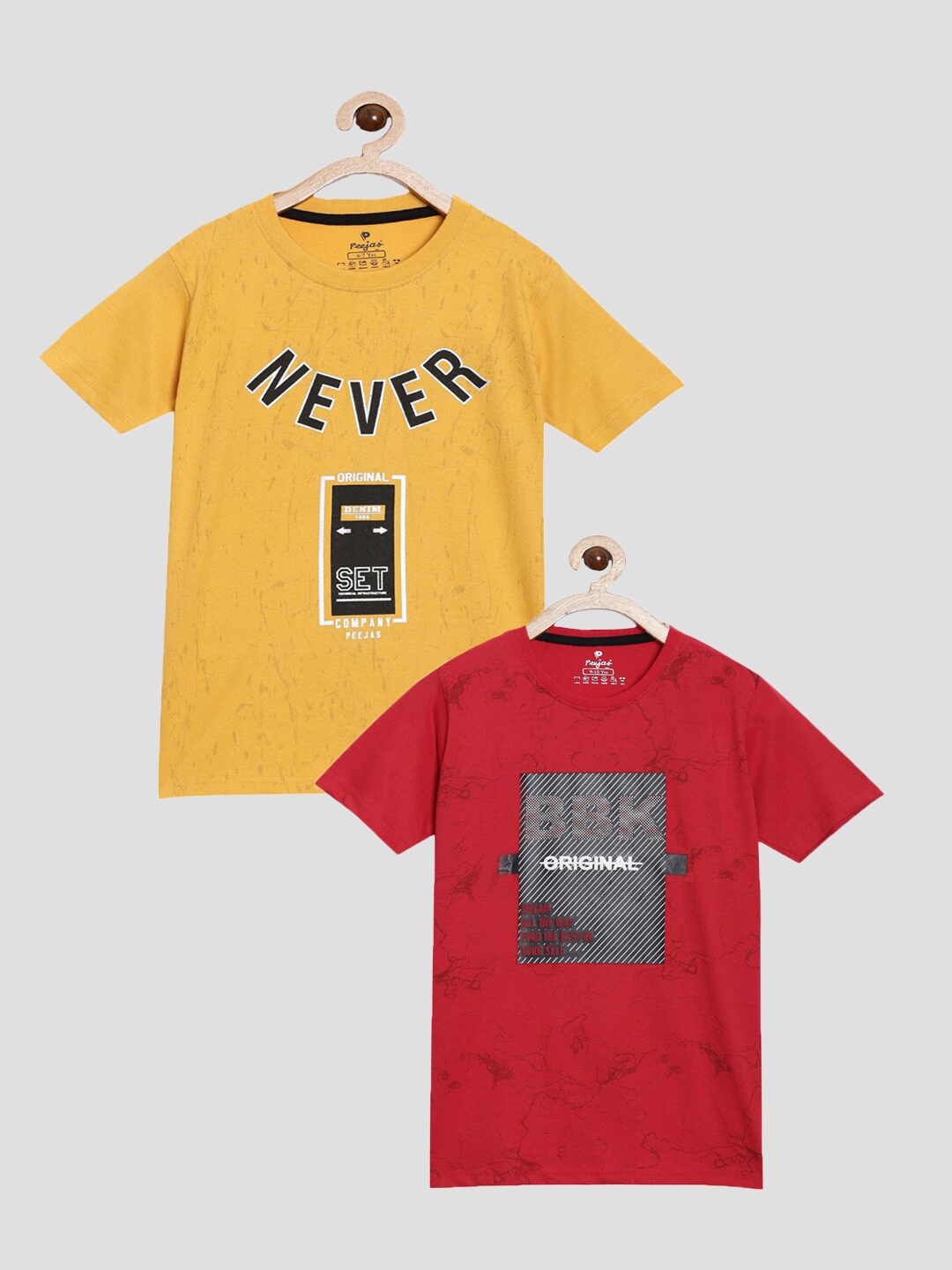 

Peejas Boys Pack of 2 Printed Pure Cotton Round Neck T-shirts, Mustard
