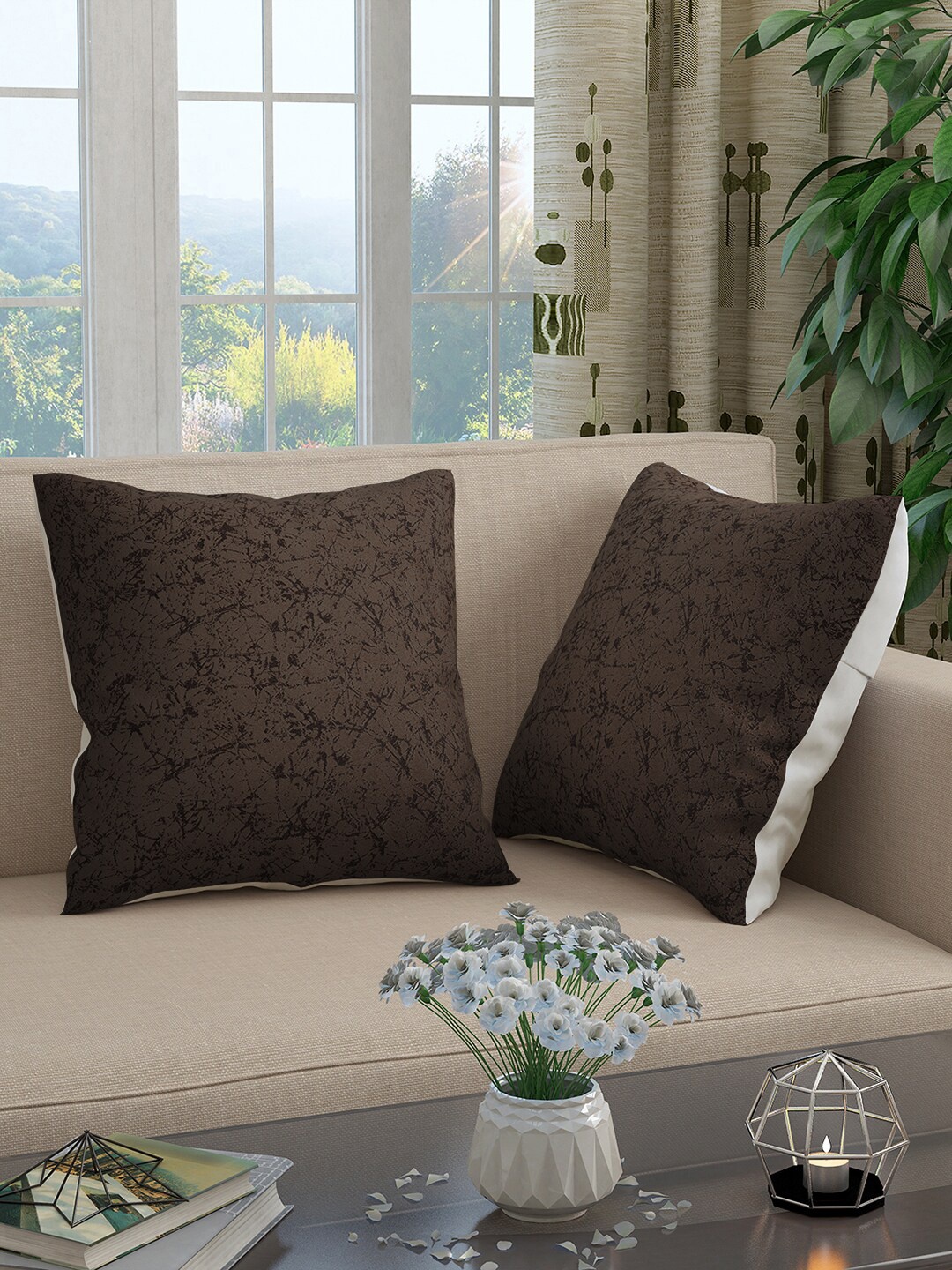 

Story@home Set Of 2 Brown Abstract Square Cushion Covers