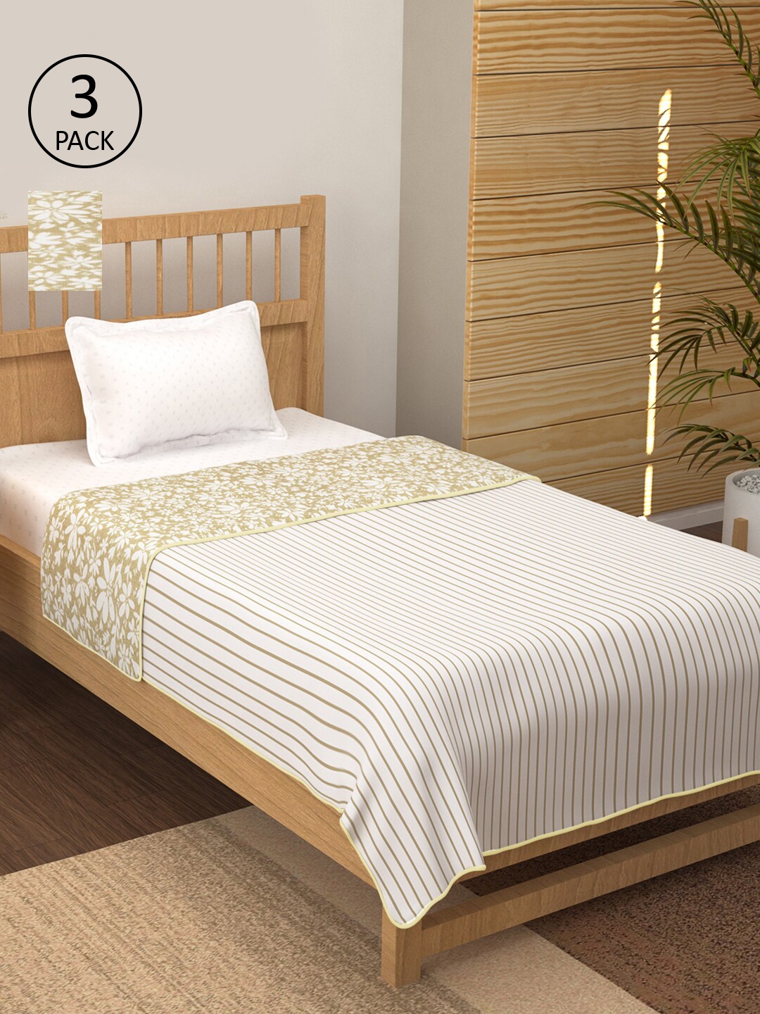 

Story@home Beige & White Set of 3 Floral AC Room 150 GSM Single Bed Dohar