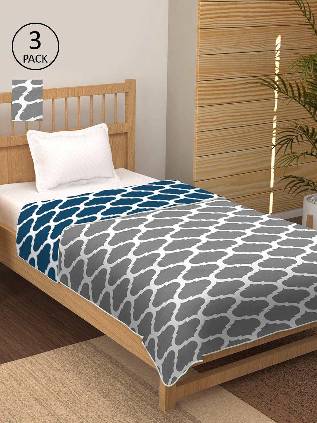

Story@home Blue & Grey Set of 3 Geometric AC Room 150 GSM Single Bed Dohar