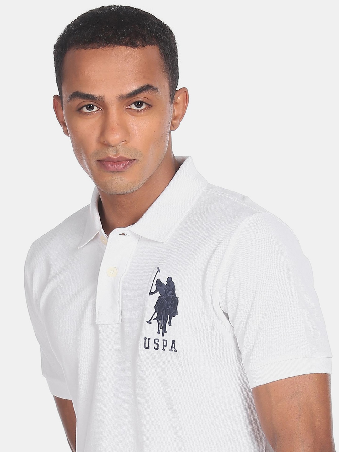 

U S Polo Assn Men White Polo Collar Extended Sleeves T-shirt