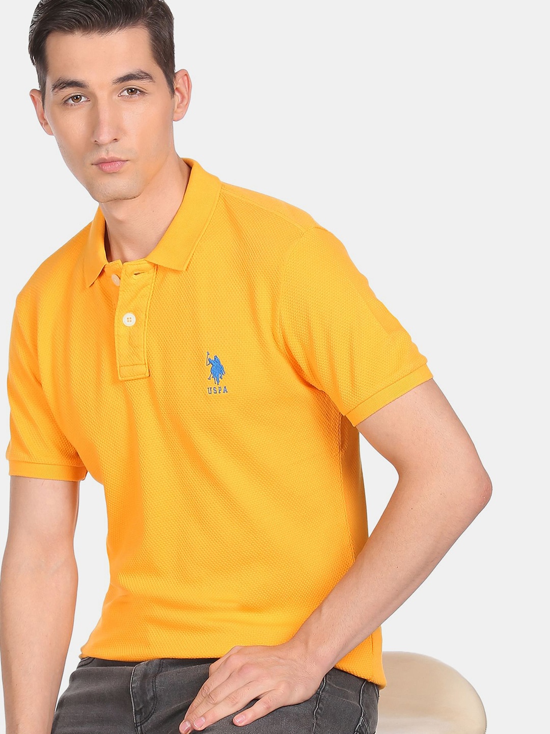 

U S Polo Assn Men Yellow Cotton Polo Collar T-shirt
