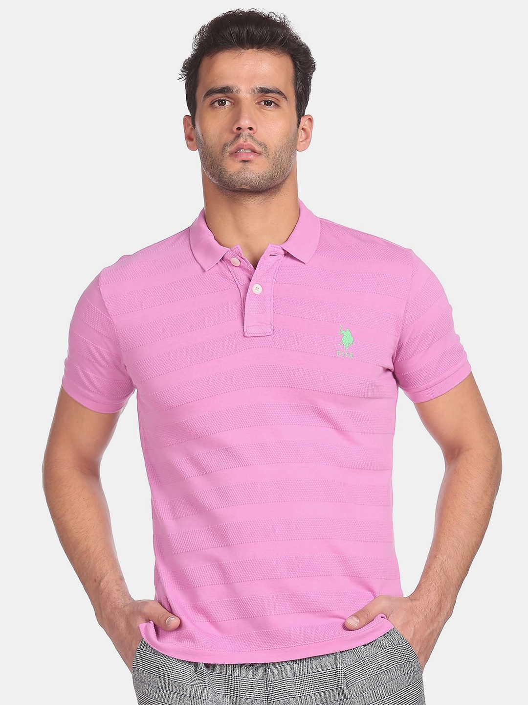 

U S Polo Assn Men Pink Striped Polo Collar Pure Cotton T-shirt