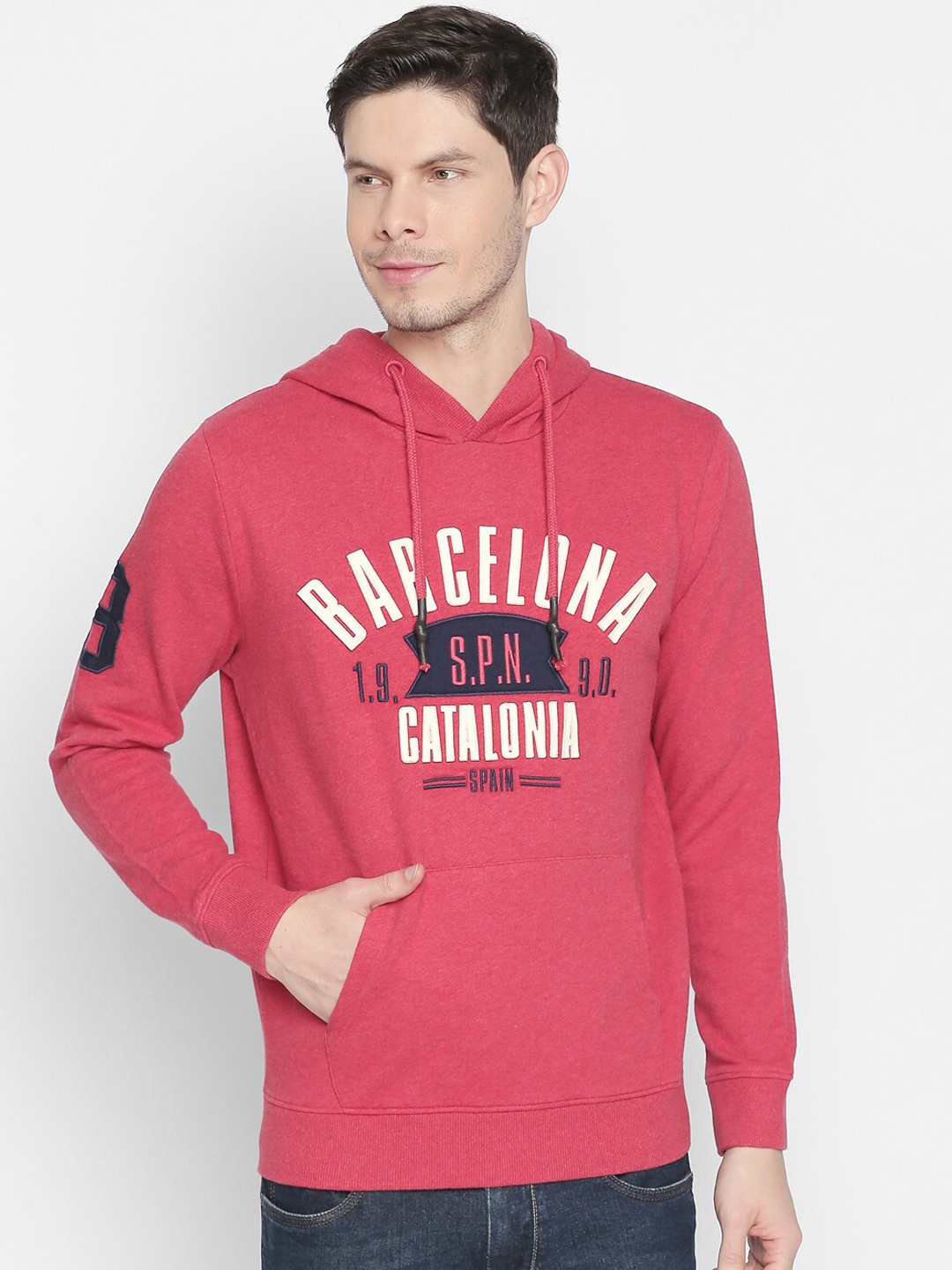 

Basics Men Pink Printed Hooded Sweatshirt