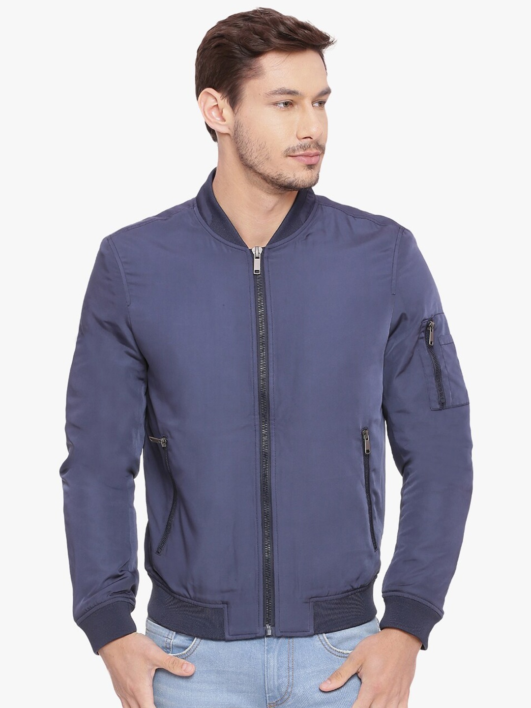 

Basics Men Navy Blue Solid Bomber Jacket