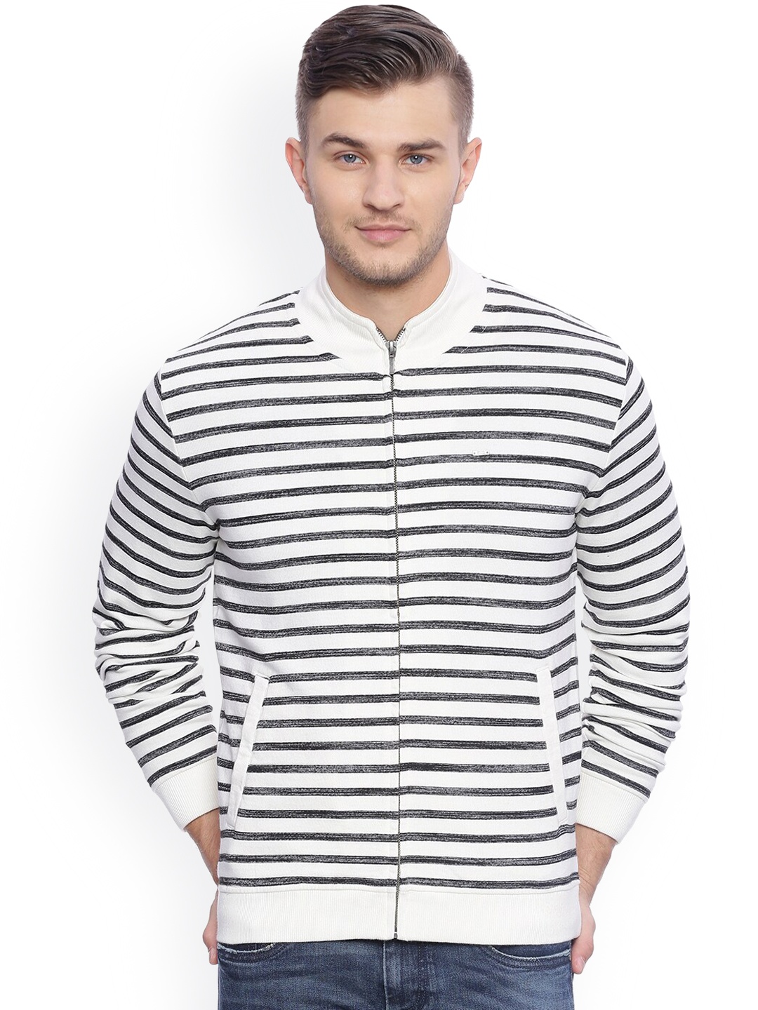 

Basics Men White Striped Open Front Sweatshirt