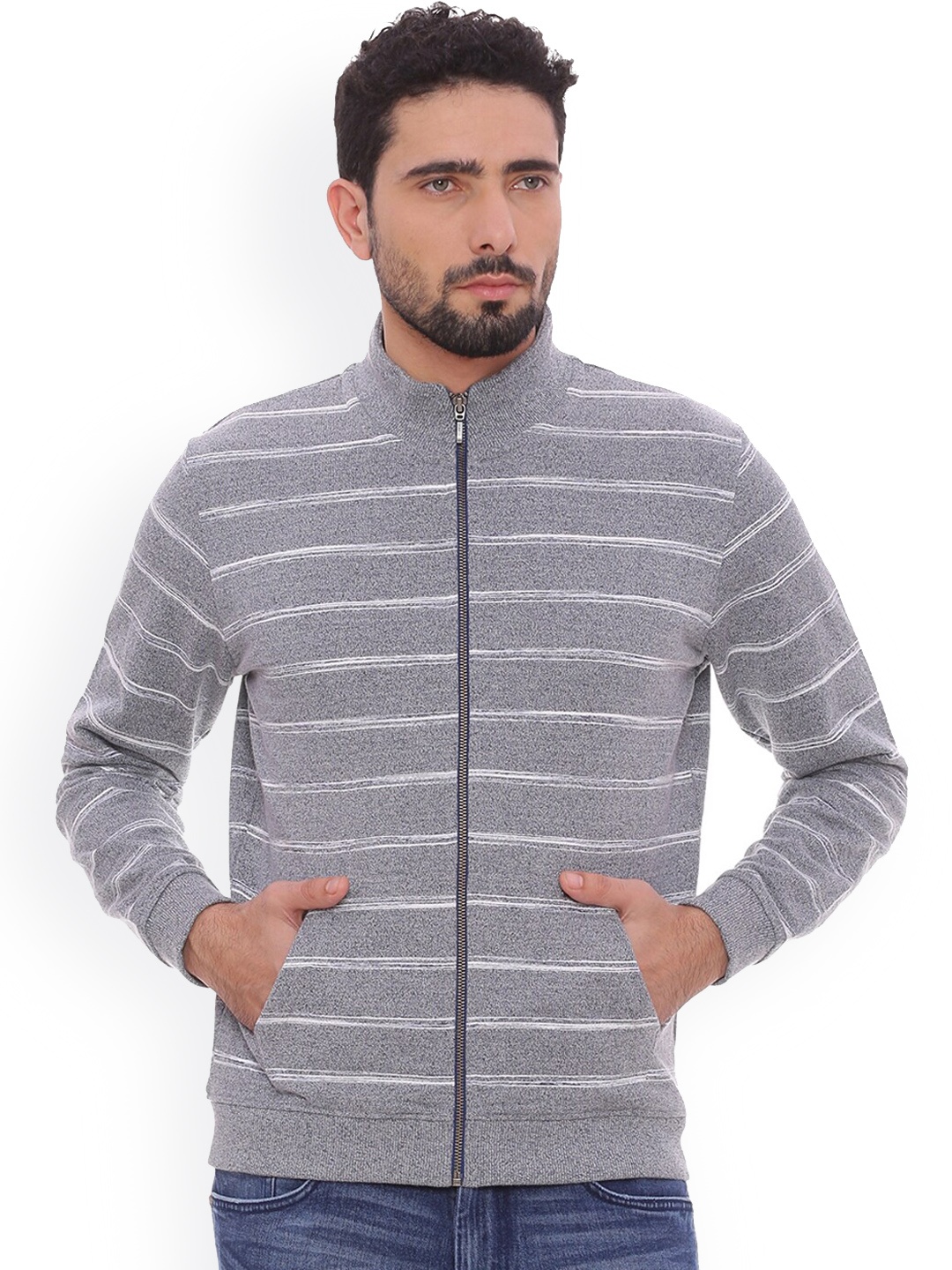 

Basics Men Grey Printed Front Open Sweatshirt