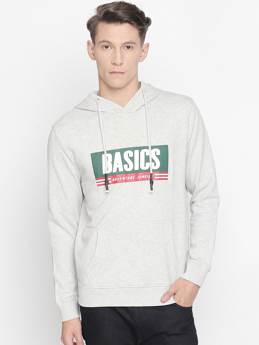 

Basics Men Grey Printed Hooded Sweatshirt