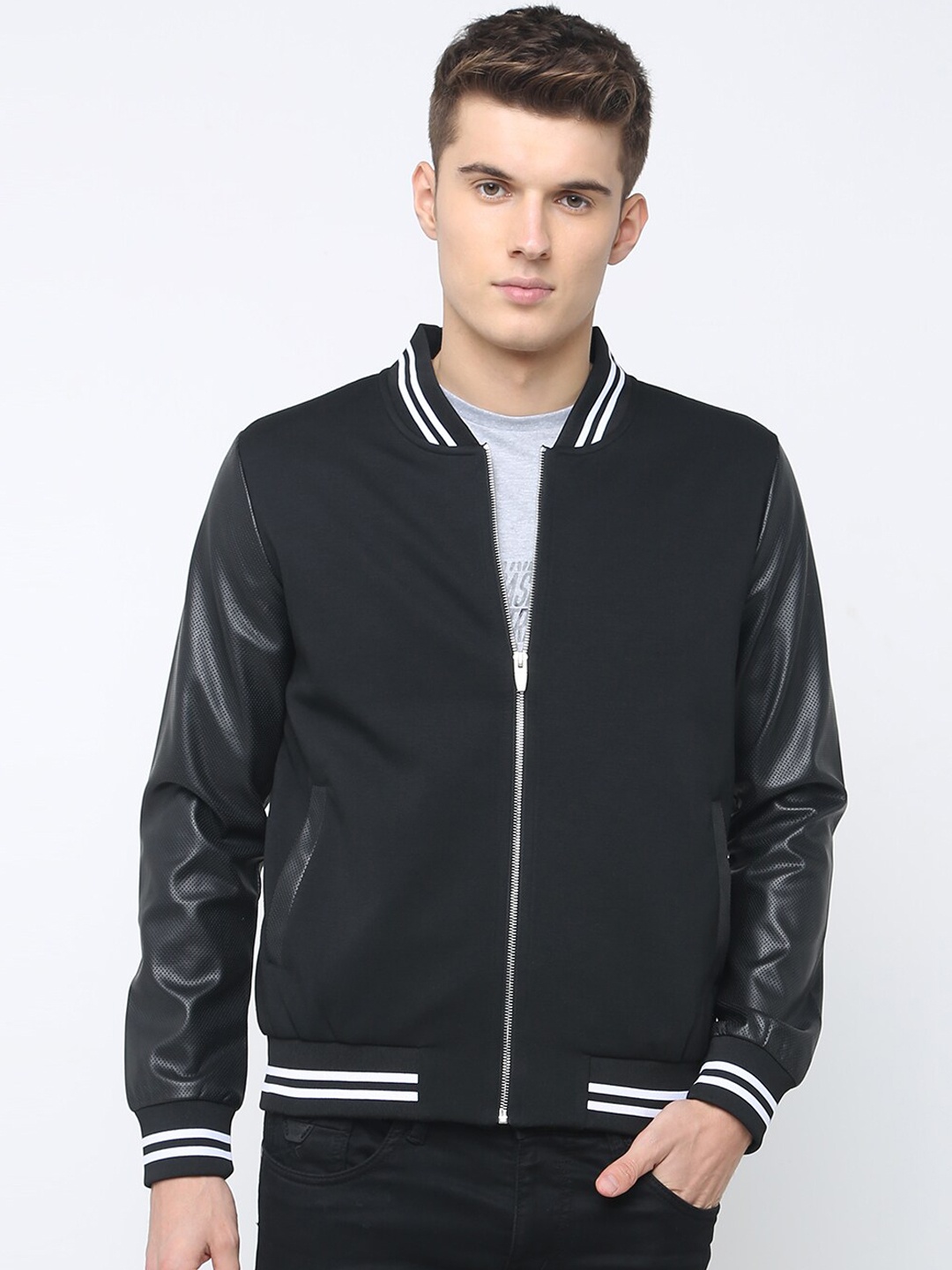 

Basics Men Black Solid Bomber Jacket