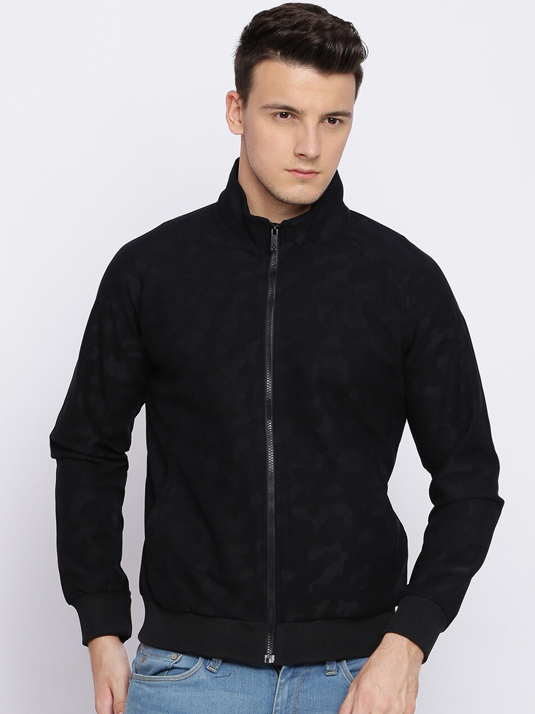 

Basics Men Navy Blue Camouflage Bomber with Embroidered Jacket