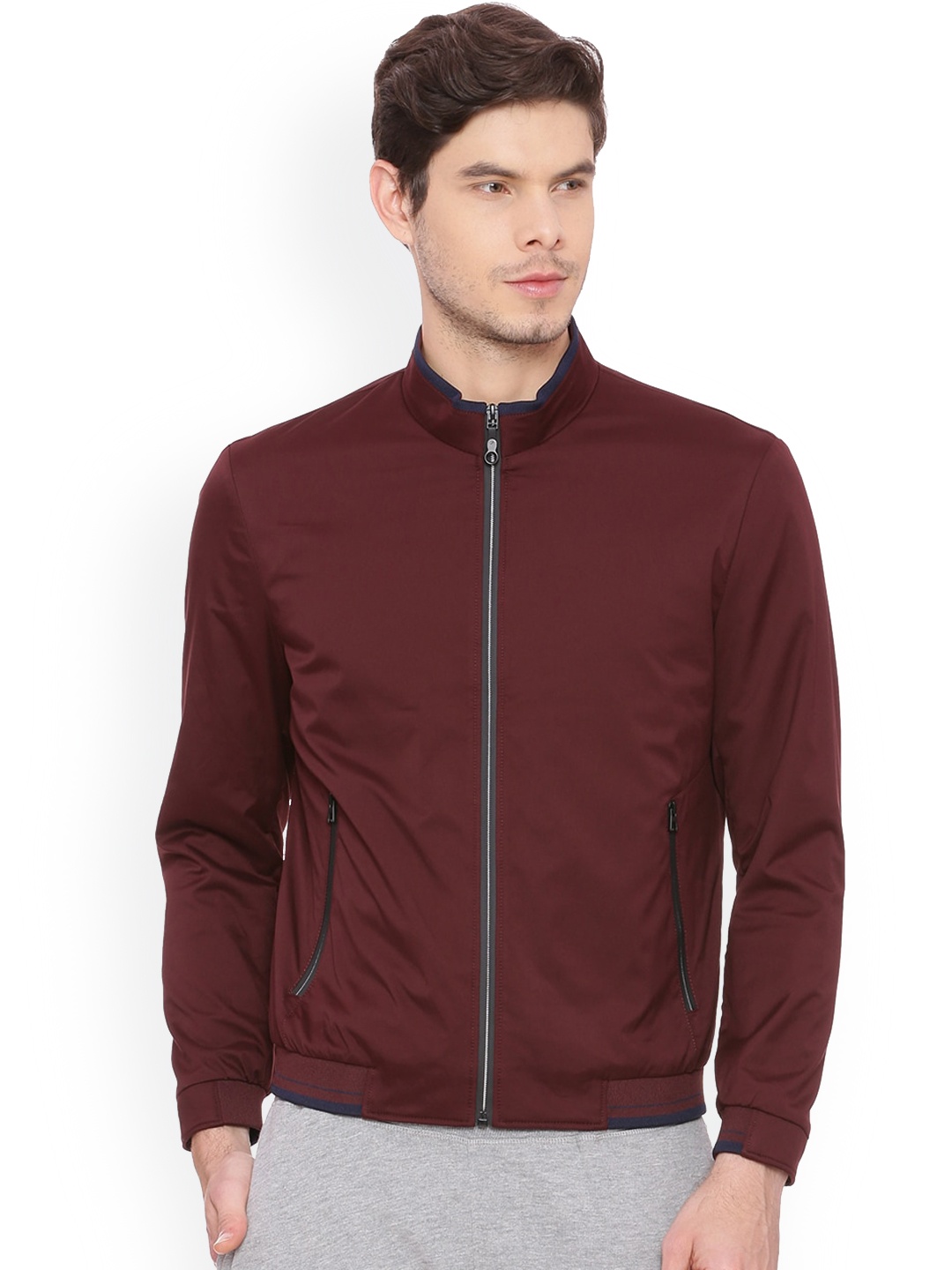 

Basics Men Red Solid Bomber Jacket