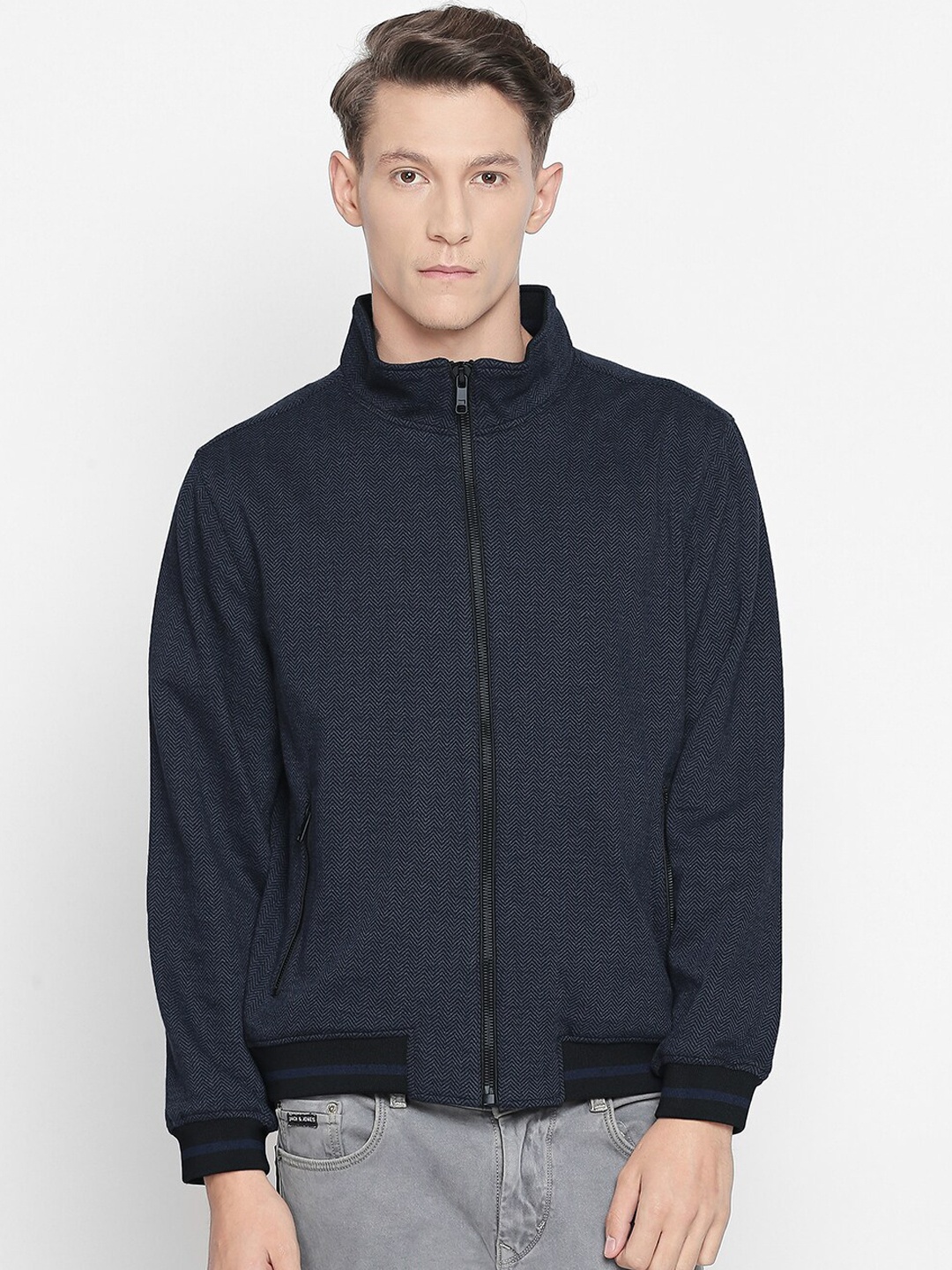 

Basics Men Blue Bomber with Embroidered Jacket