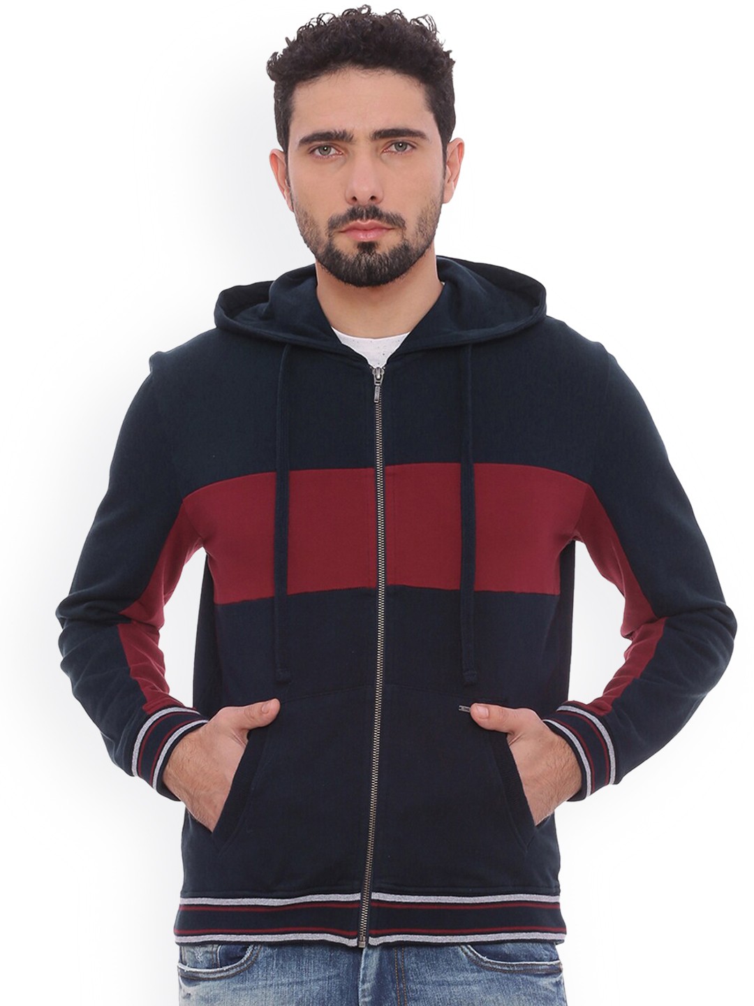 

Basics Men Navy Blue Colourblocked Hooded Sweatshirt
