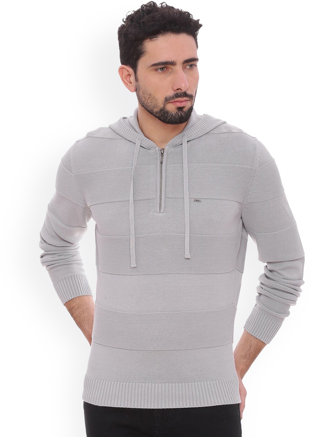 

Basics Men Grey Self Design Hooded Sweatshirt