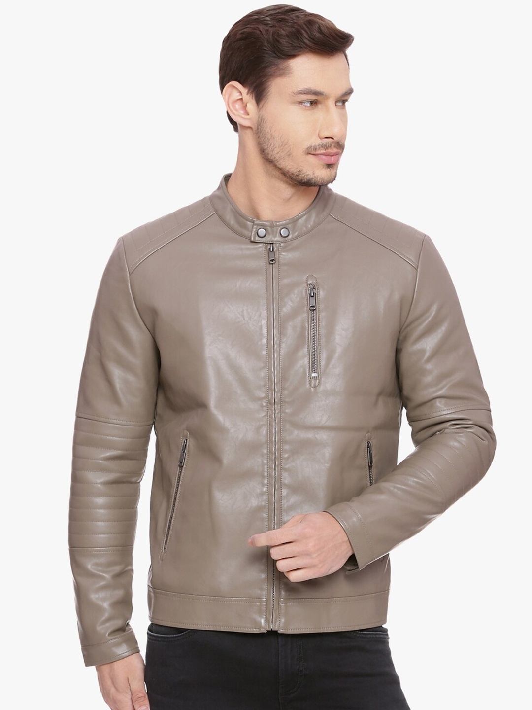 

Basics Men Beige Solid PU Biker Jacket