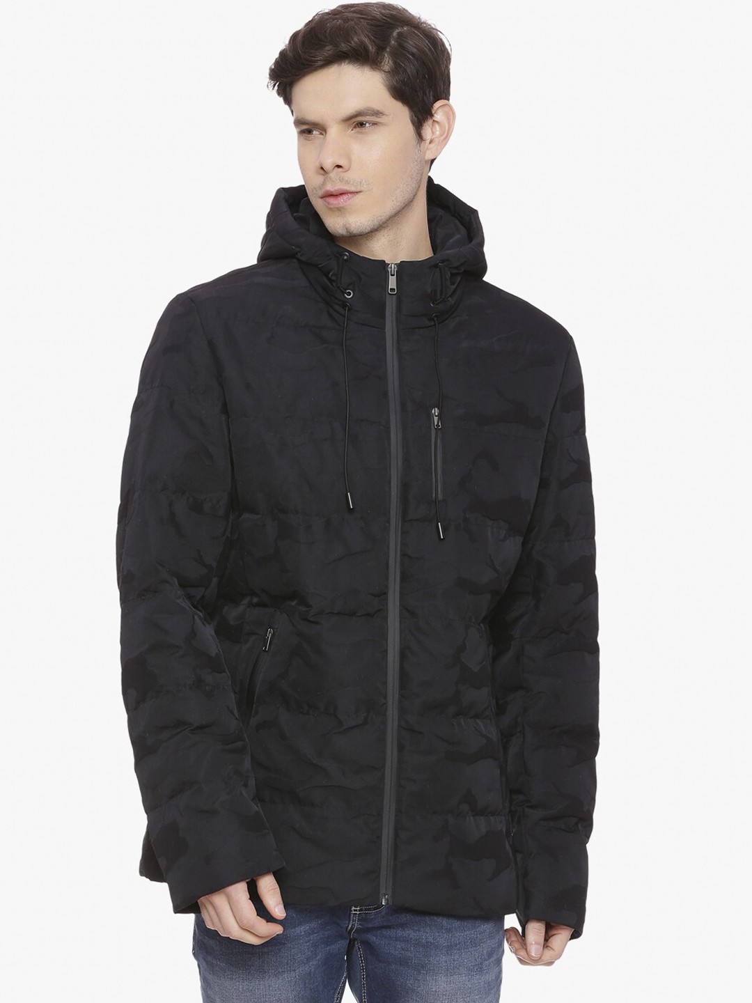 

Basics Men Black Longline Padded Hooded Jacket