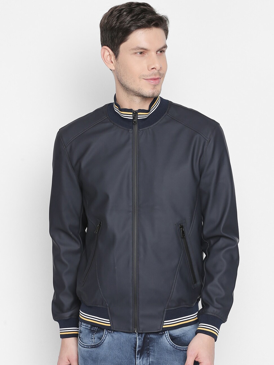 

Basics Men Navy Blue Solid Bomber Jacket