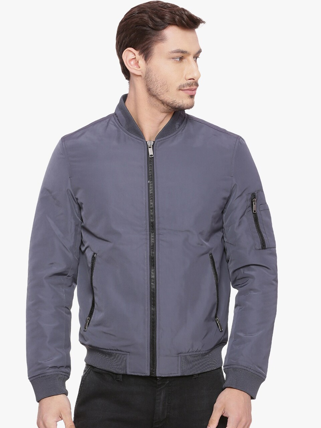 

Basics Men Grey Solid Bomber Jacket