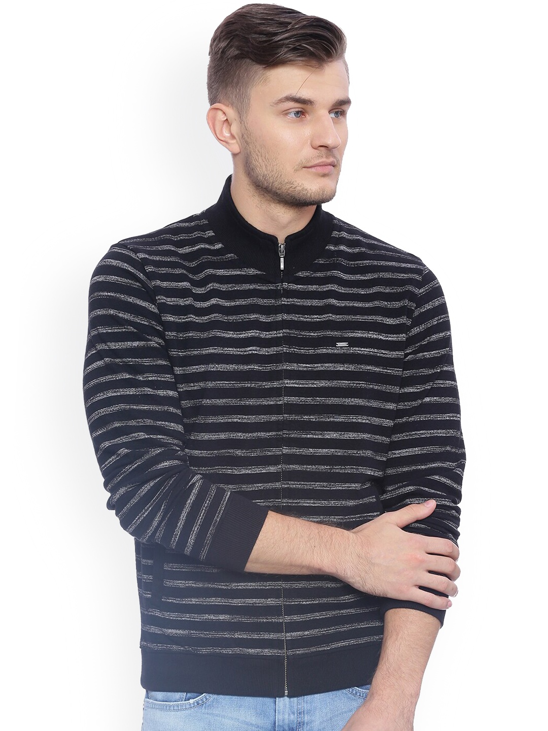 

Basics Men Black Striped Front Open Sweatshirt