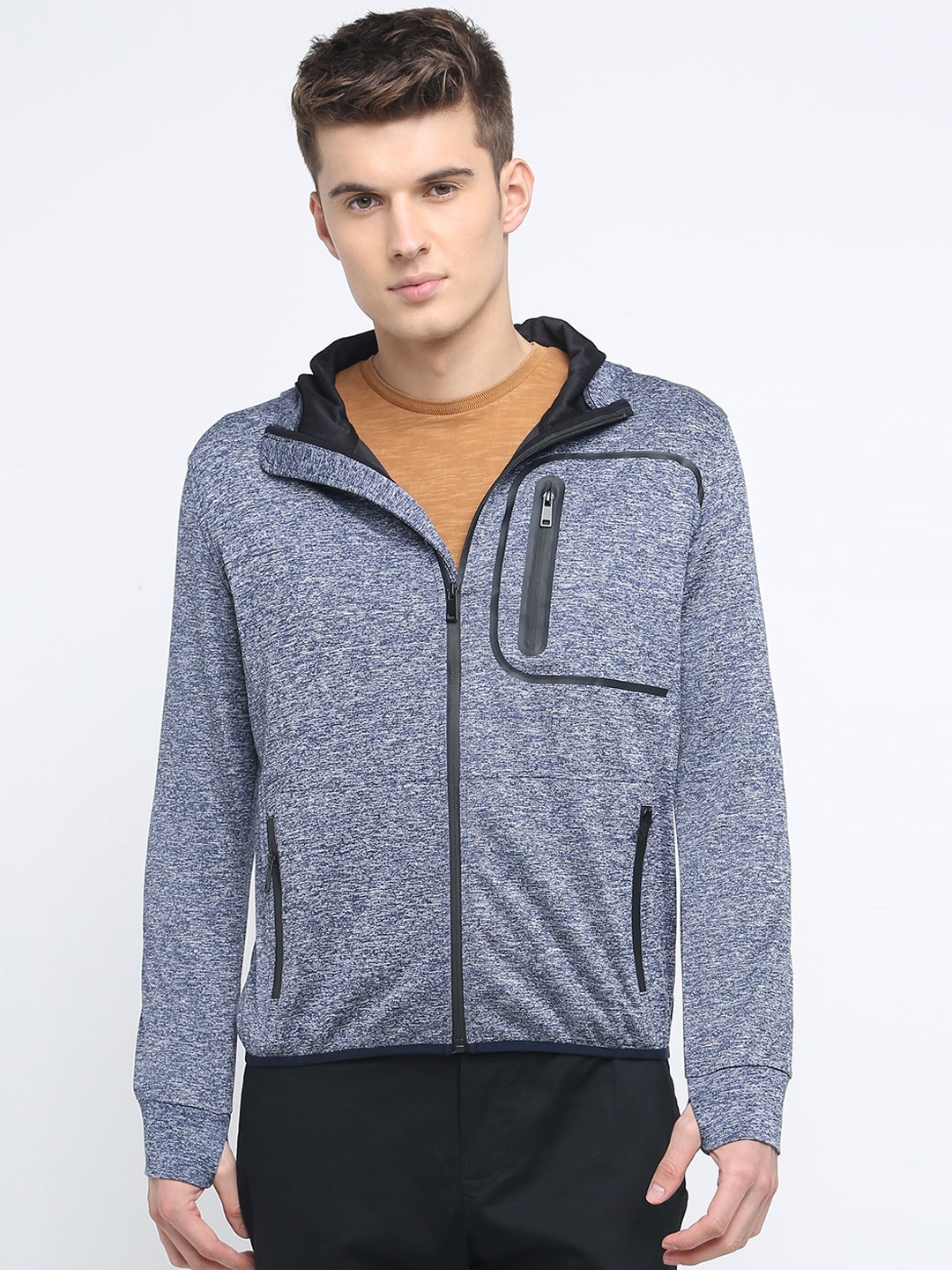 

Basics Men Blue Solid Hooded Knitted Sporty Jacket