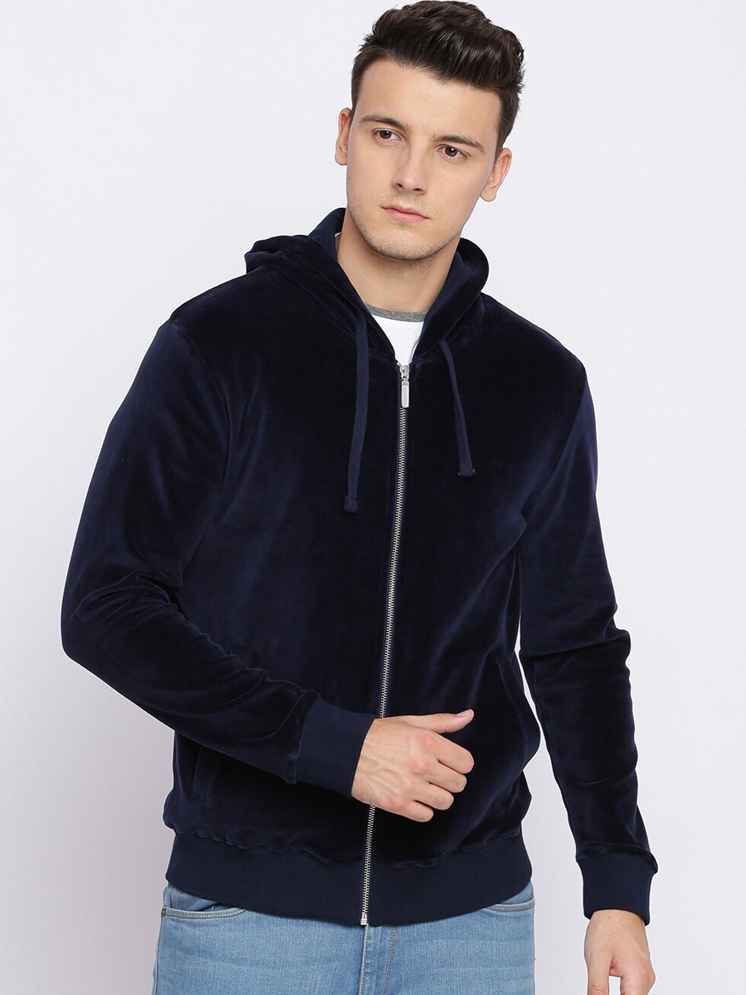 

Basics Men Navy Blue Solid Hooded Sweatshirt
