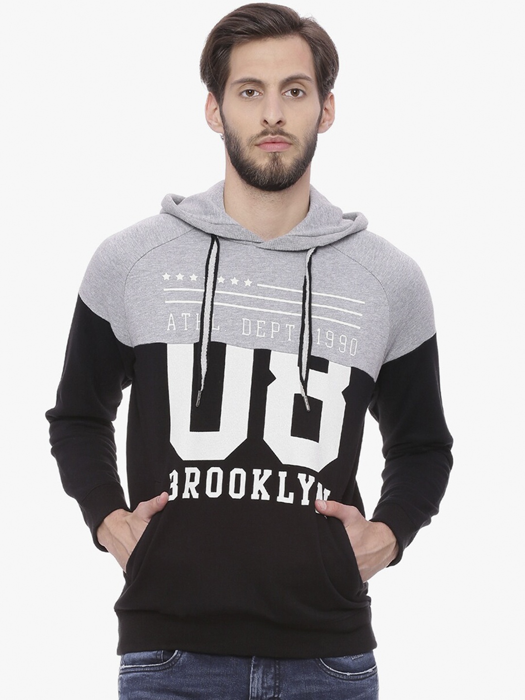 

Basics Men Grey Printed Hooded Sweatshirt