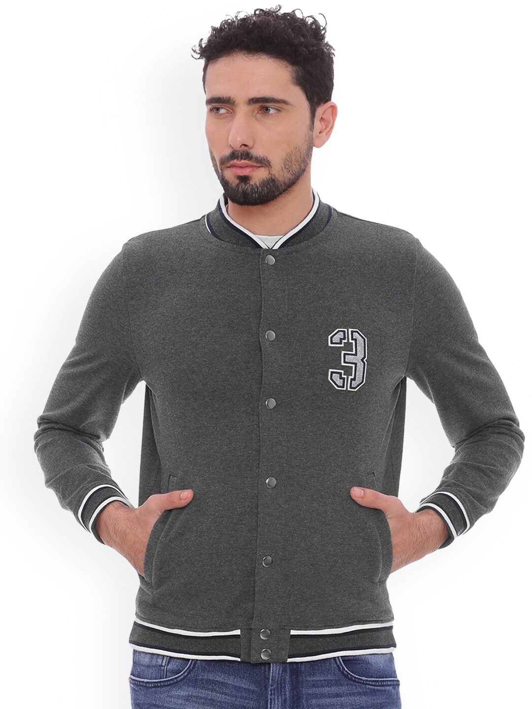 

Basics Men Grey Printed Front Open Sweatshirt