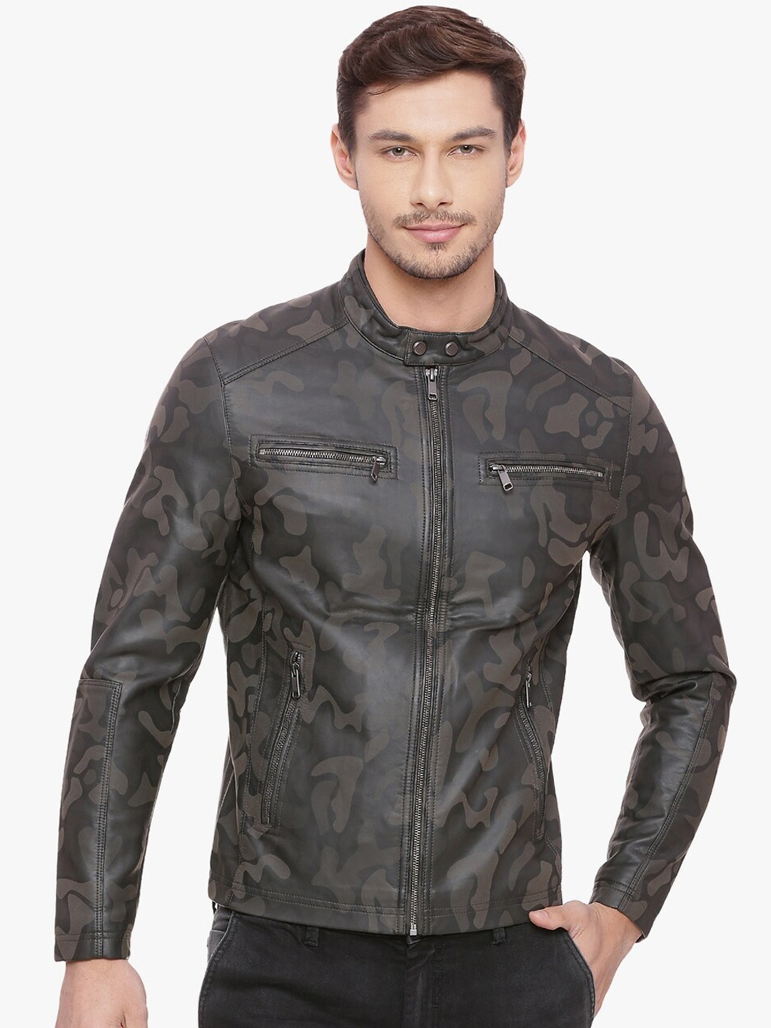 

Basics Men Brown Camouflage Printed PU Biker Jacket