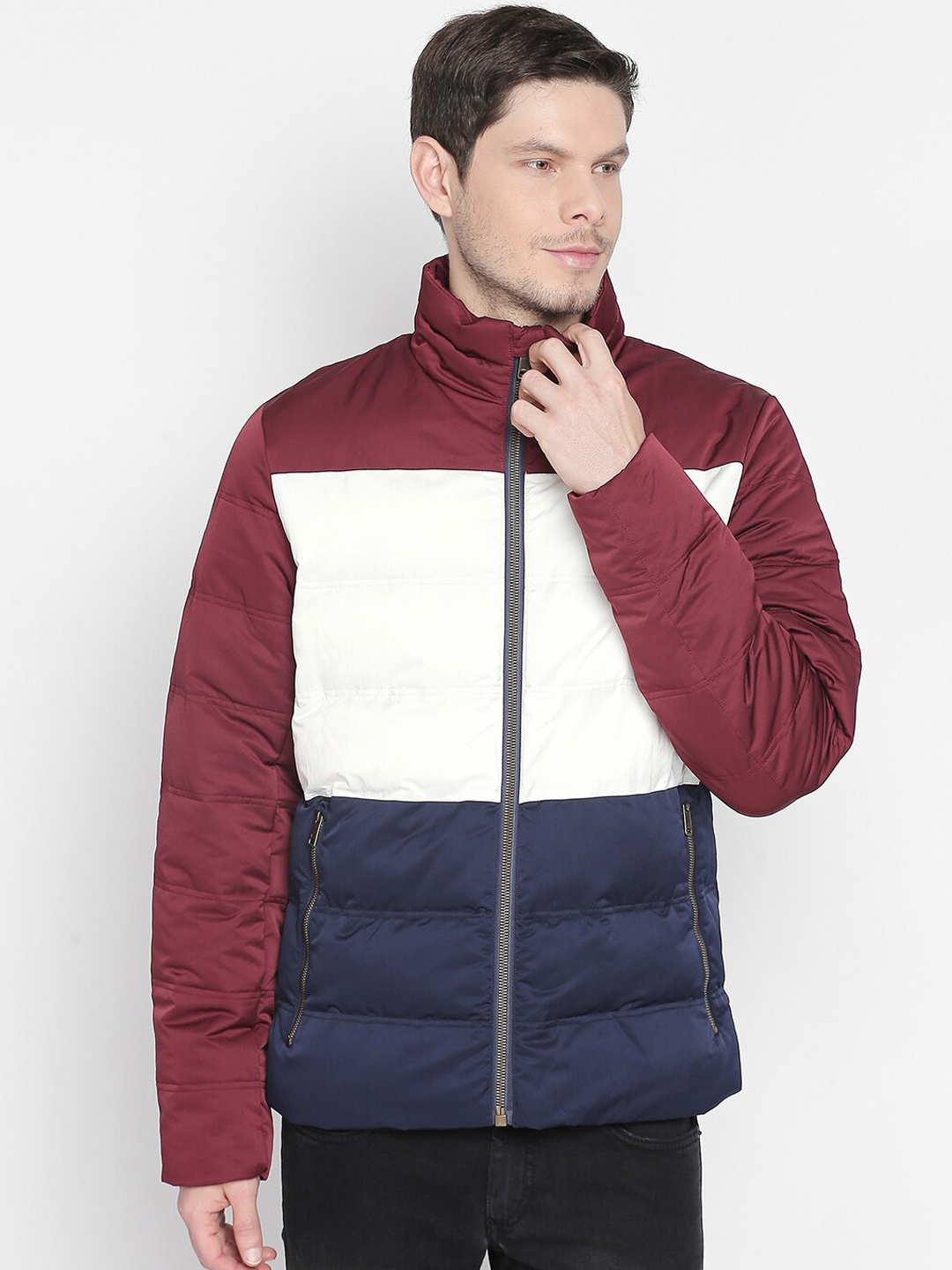 

Basics Men Red White Colourblocked Padded Jacket