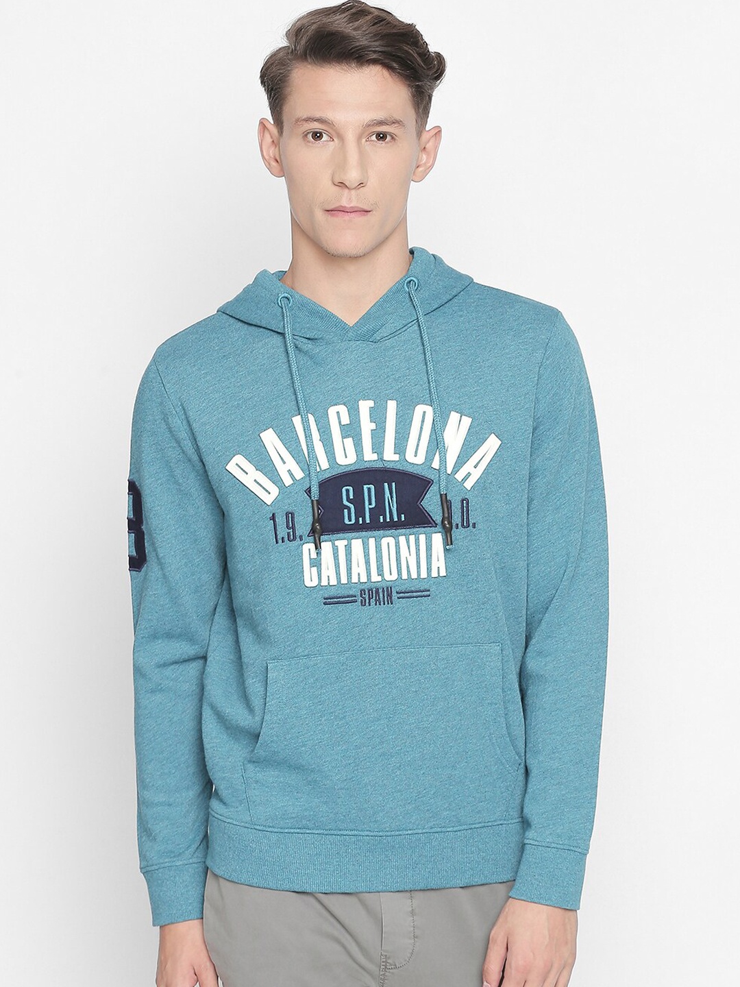 

Basics Men Turquoise Blue Printed Hooded Sweatshirt