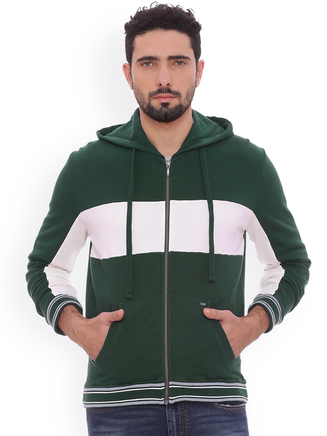 

Basics Men Green Colourblocked Hooded Sweatshirt