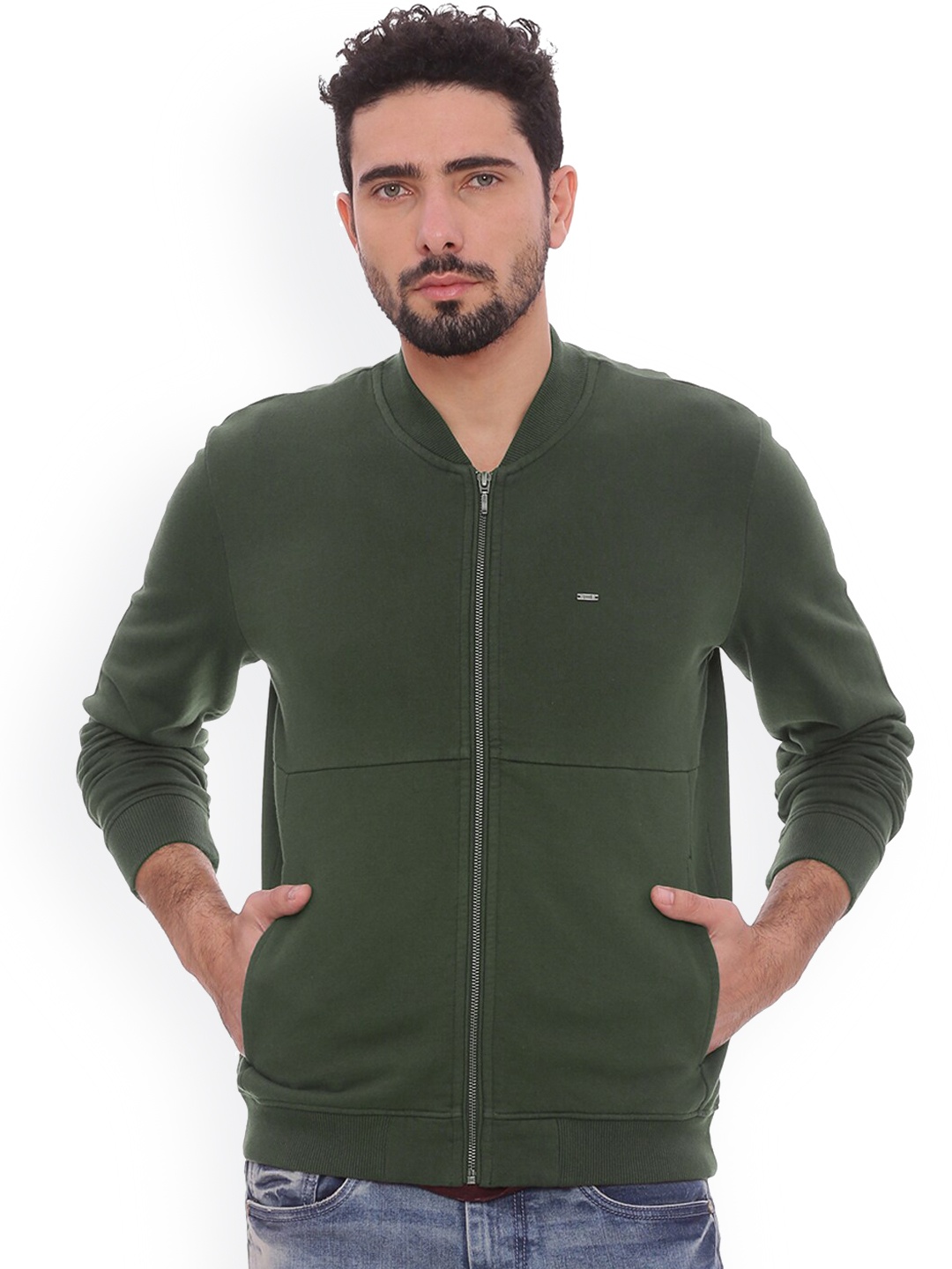 

Basics Men Olive Green Solid Front Open Sweatshirt