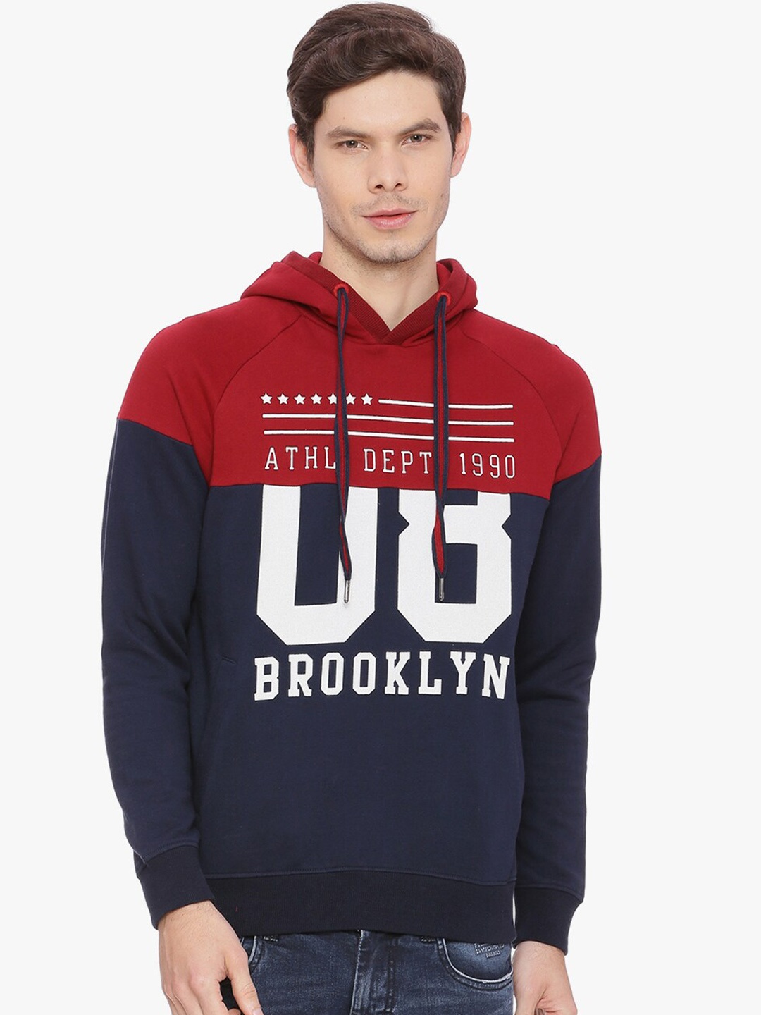 

Basics Men Navy Blue Colourblocked Hooded Sweatshirt