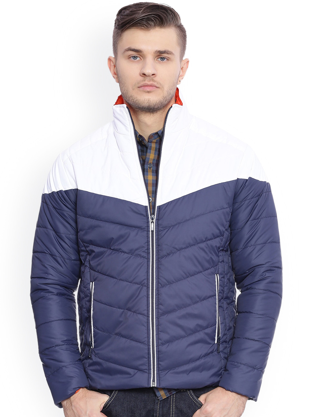 

Basics Men White & Navy Blue Colourblocked Padded Jacket