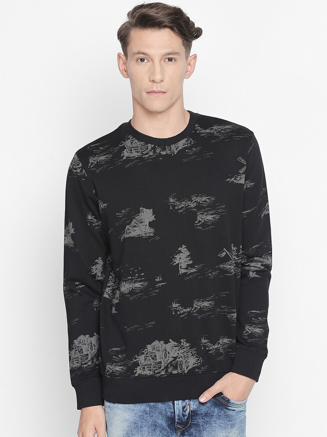 

Basics Men Black Printed Cotton Sweatshirt