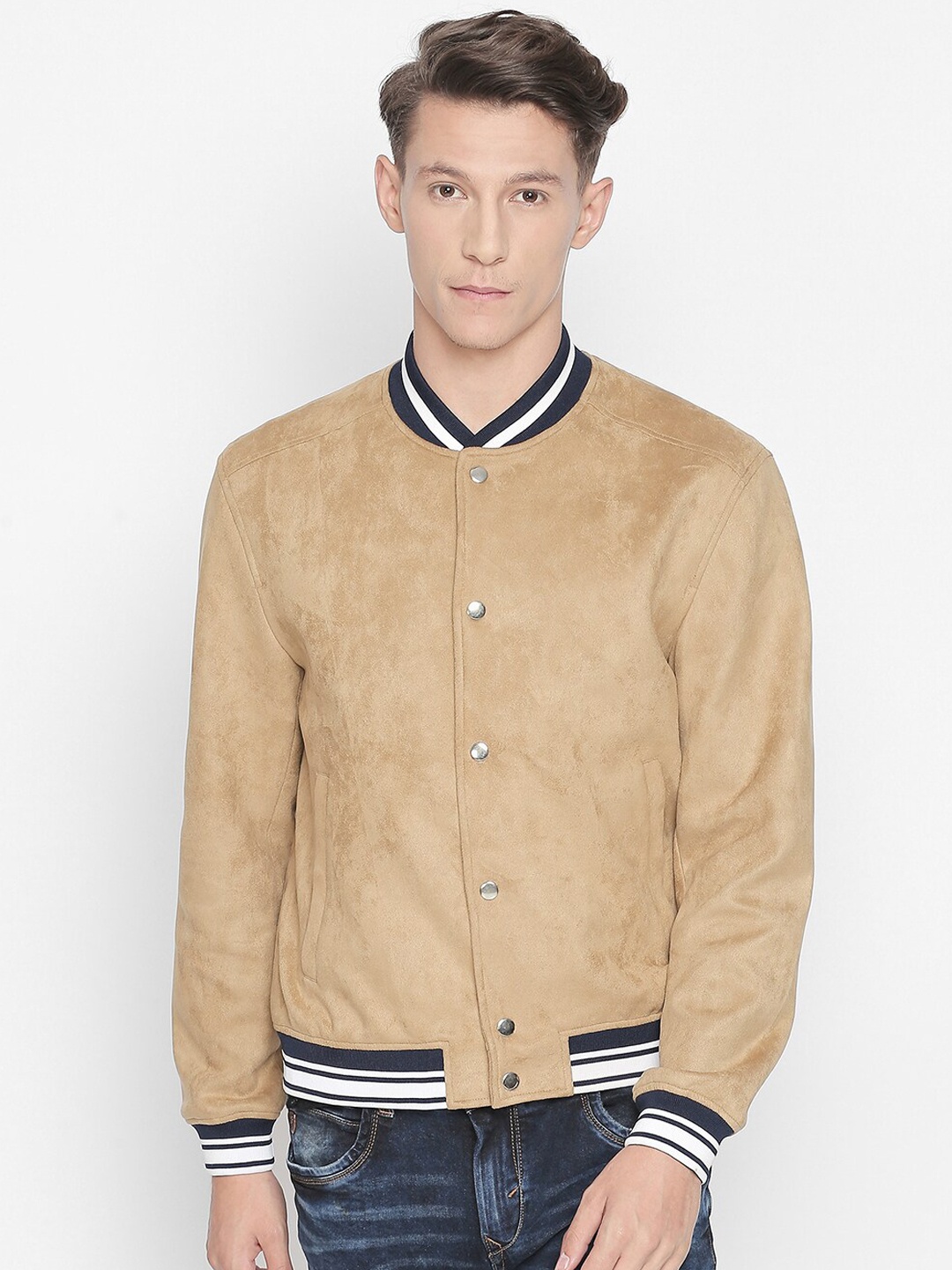 

Basics Men Beige Striped Crop Bomber with Embroidered Jacket