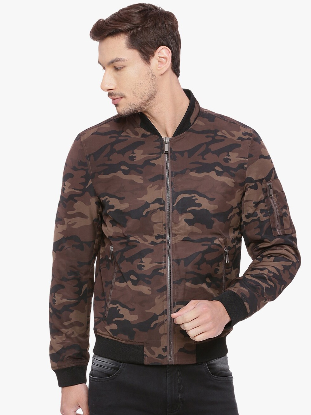 

Basics Men Brown Black Camouflage Crop Bomber Jacket