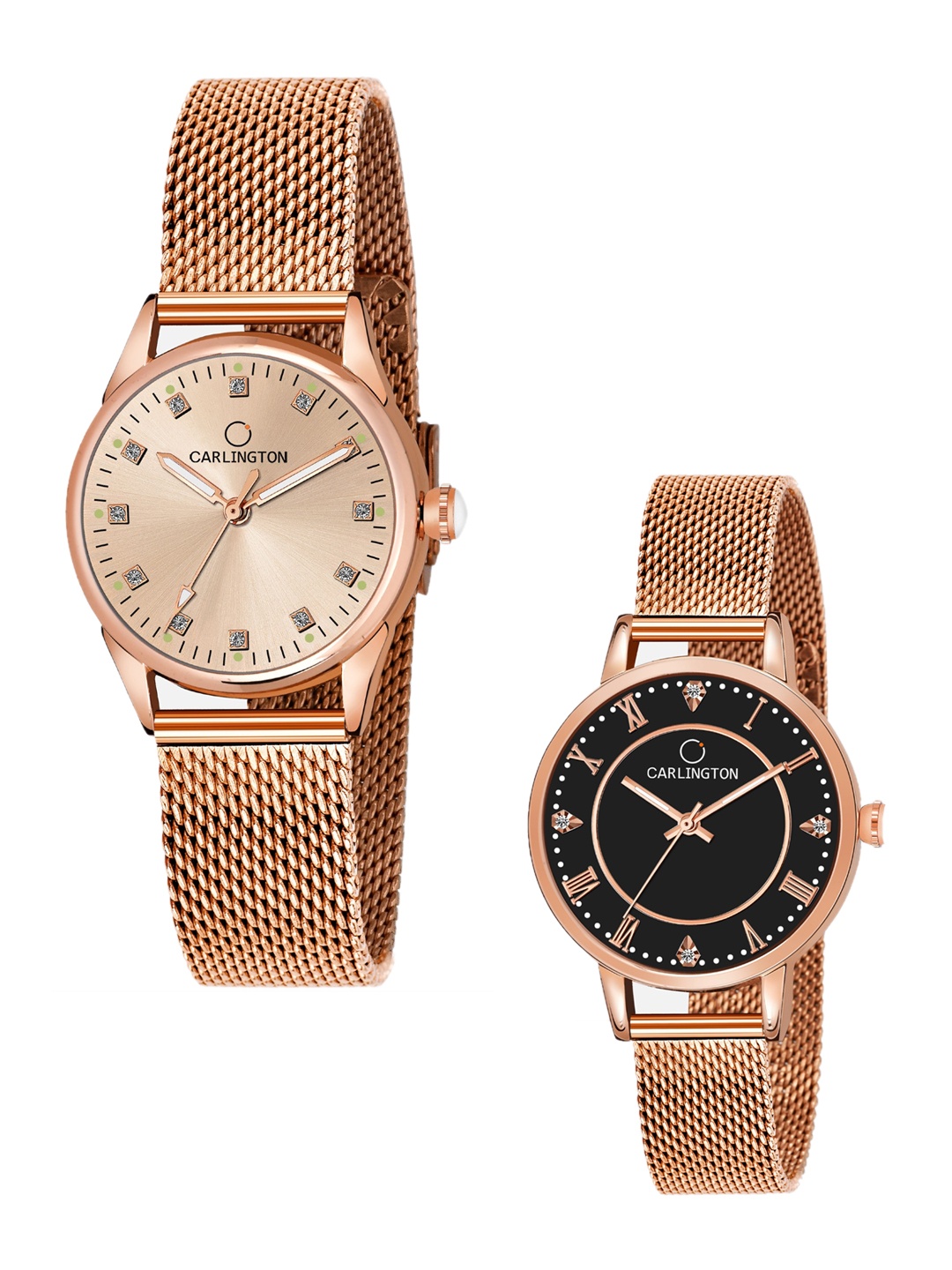 

CARLINGTON Women Set Of 2 Bracelet Straps Watches CT2003 RoseGold-CT2013 RoseBlack, Rose gold