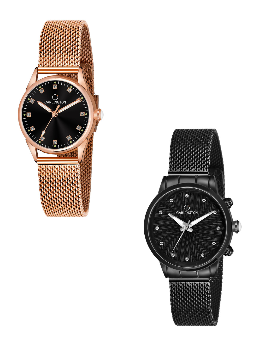 

CARLINGTON Women Pack Of 2 Stainless Steel Bracelet Style Straps Analogue Watches, Gold