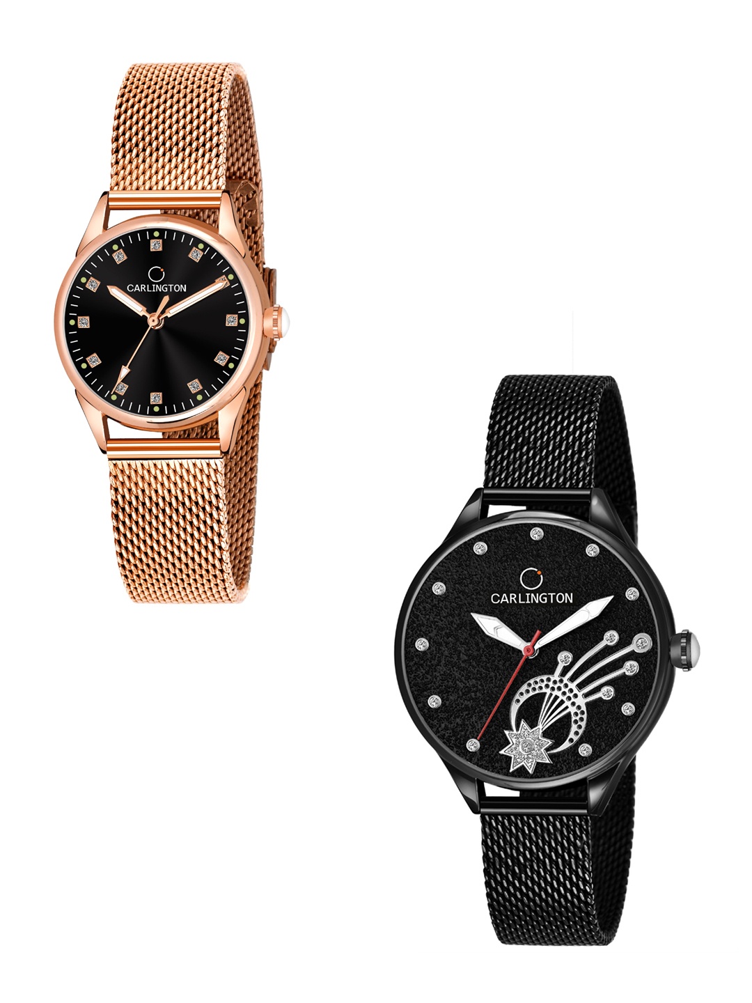 

CARLINGTON Women Set of 2 Stainless Steel Bracelet Style Straps Watch, Rose gold